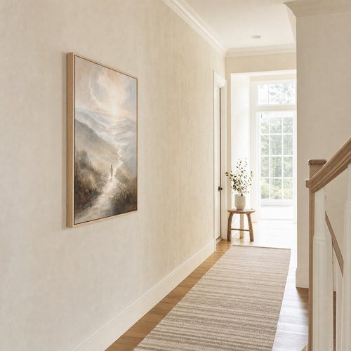 Amazing Grace — lifestyle long hallway gallery, light wood frame