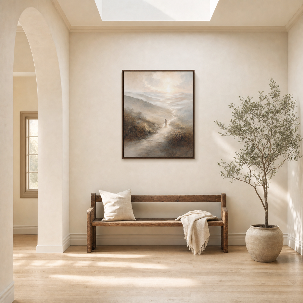 Amazing Grace — lifestyle upstairs landing with wood bench, brown wood frame
