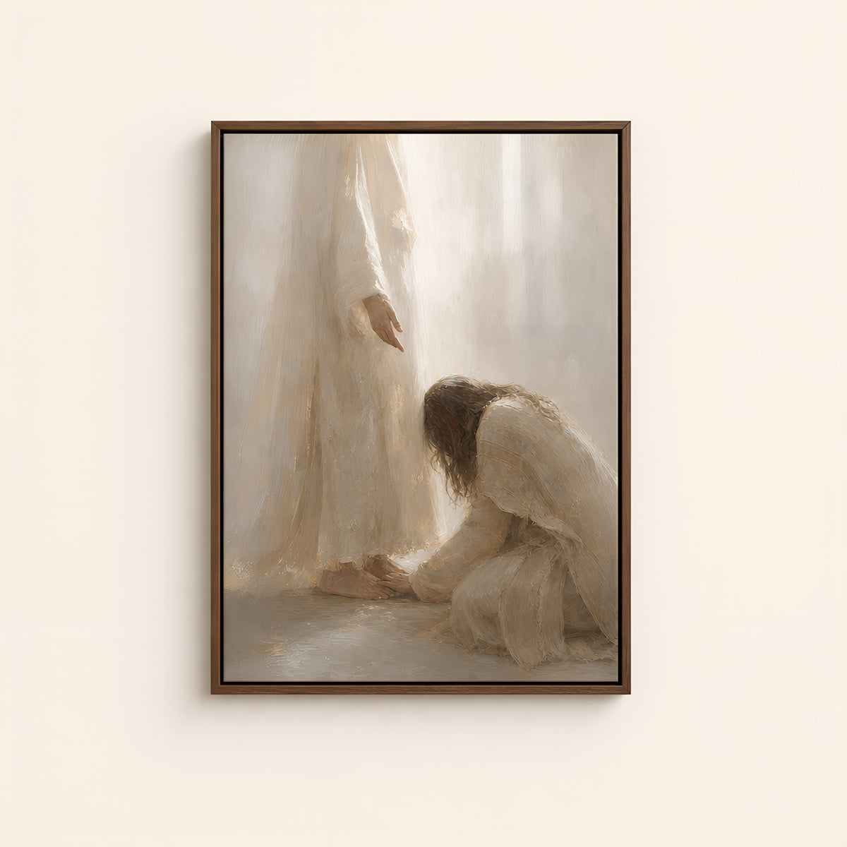 At the Healer's Feet — Brown Wood floater frame catalog