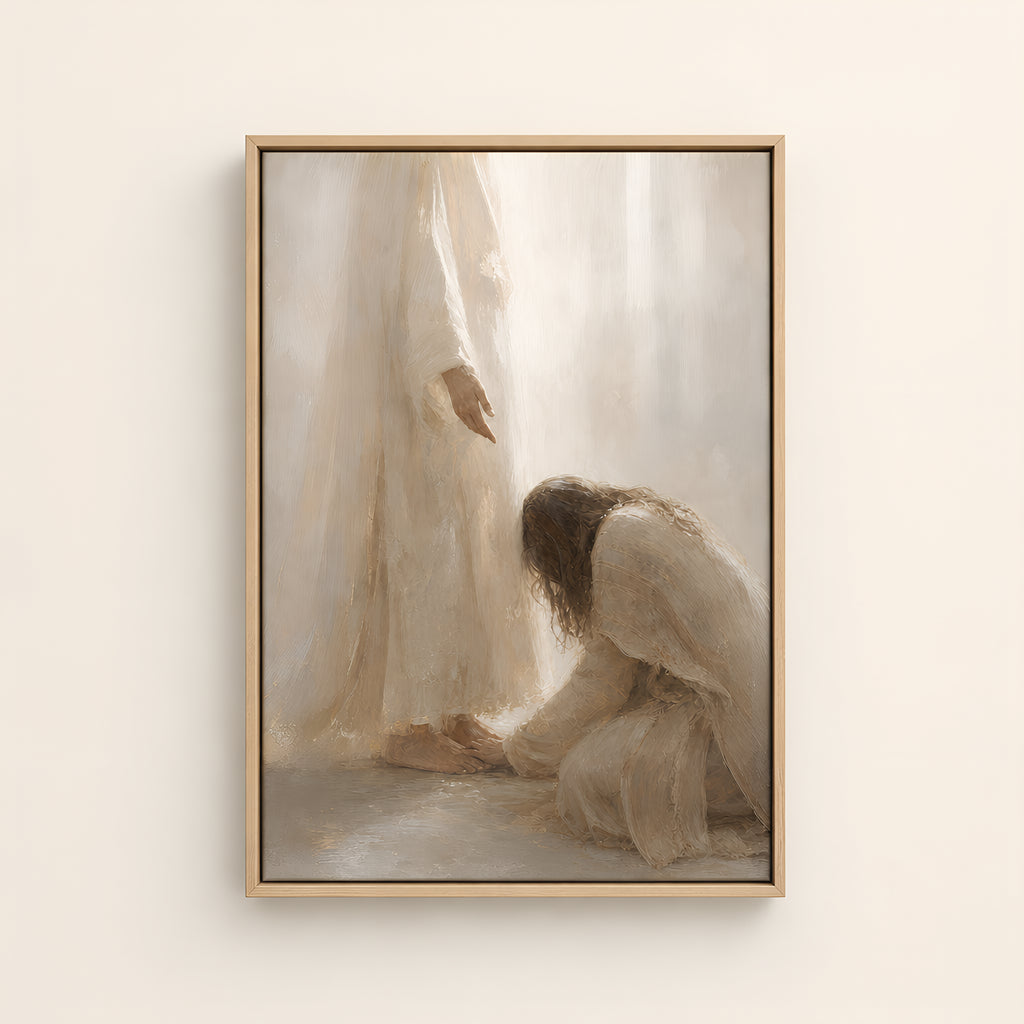 At the Healer's Feet — Light Wood floater frame catalog