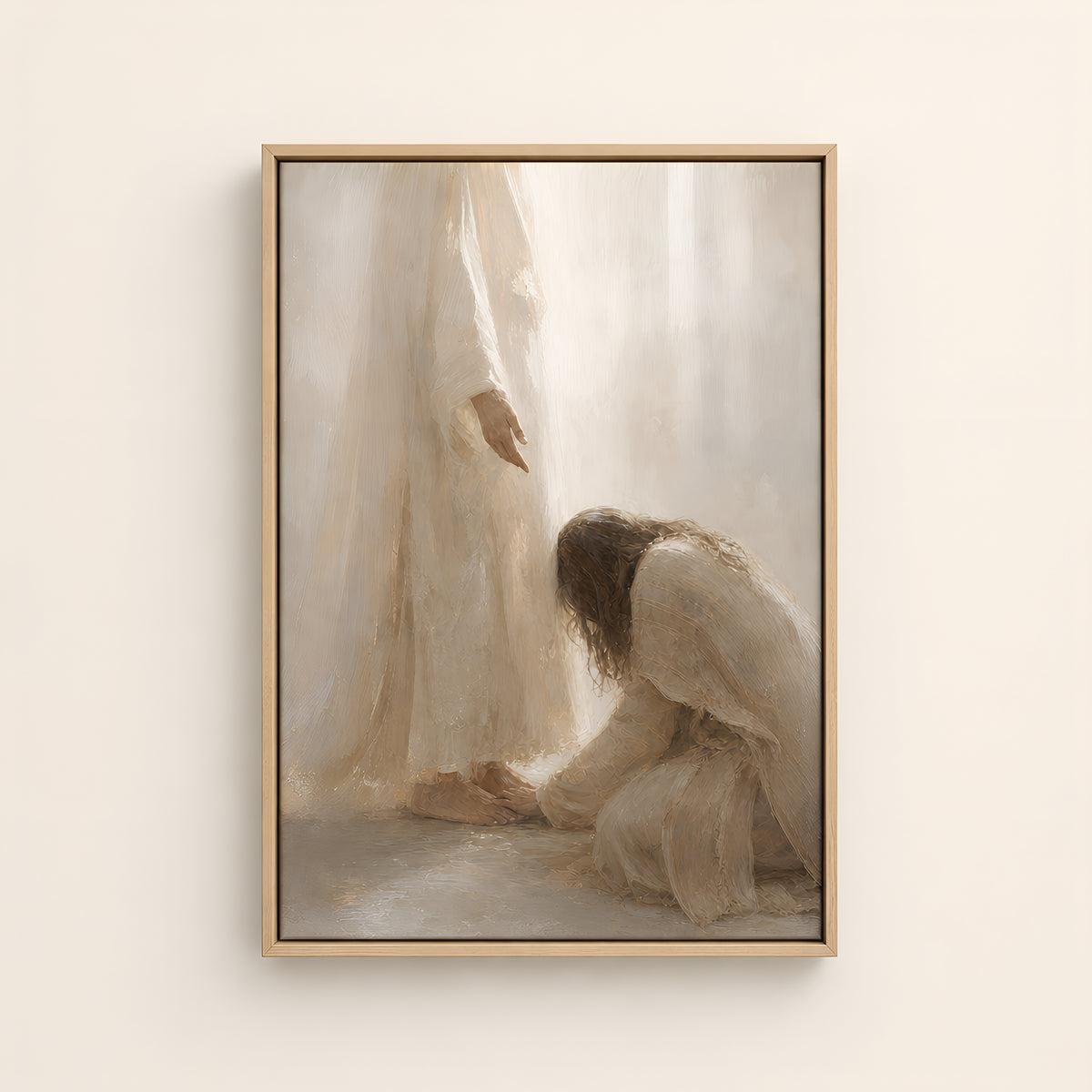 At the Healer's Feet — Light Wood floater frame catalog