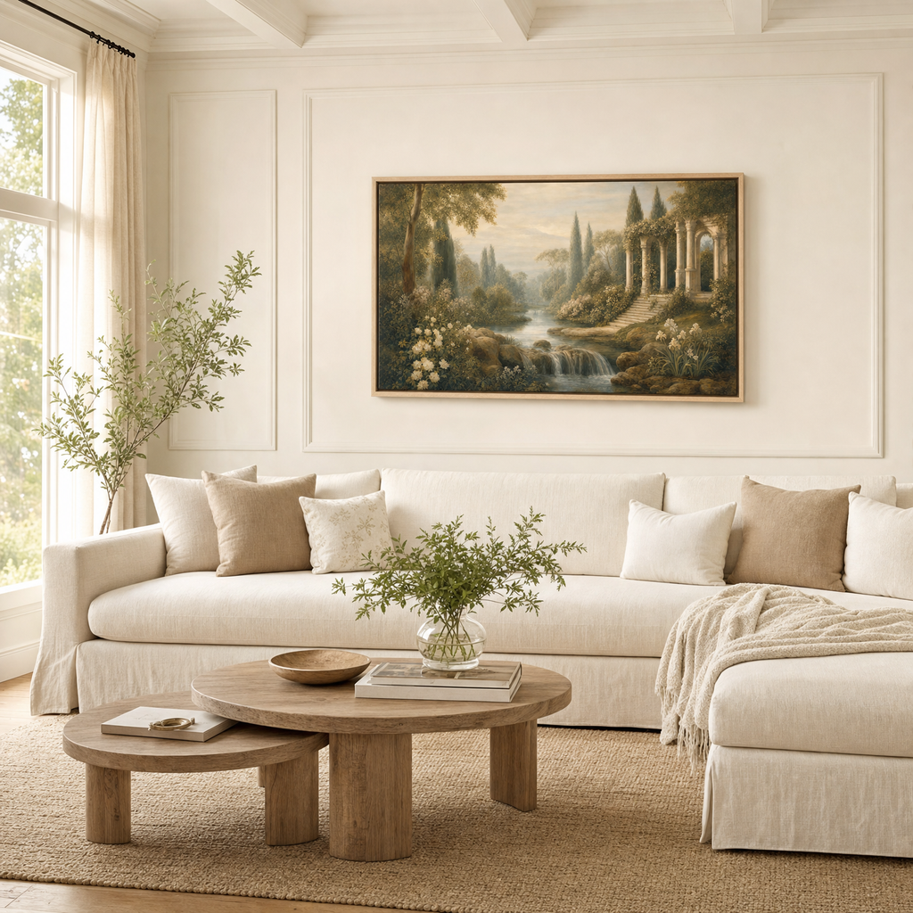 Eden — lifestyle above sofa wide living room, light wood frame