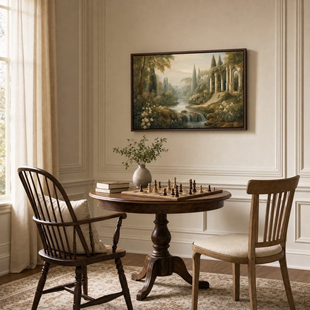 Eden — lifestyle living corner with two chairs and game table, brown wood frame