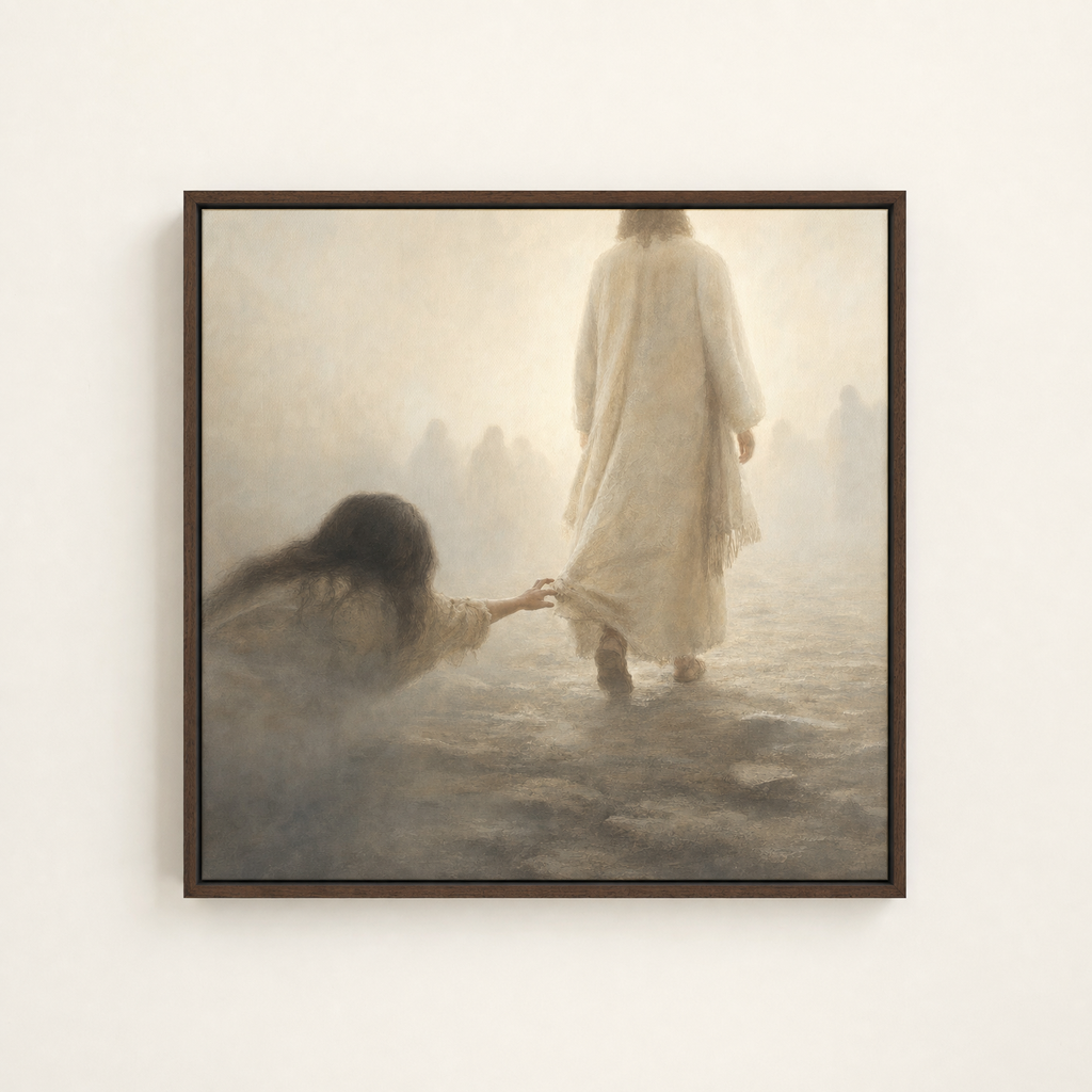 Hem of His Garment — Brown Wood floater frame (catalog plate)