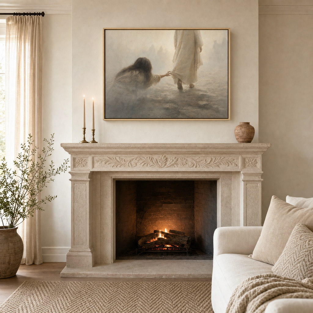 Hem of His Garment — lifestyle fireplace living room, light wood frame
