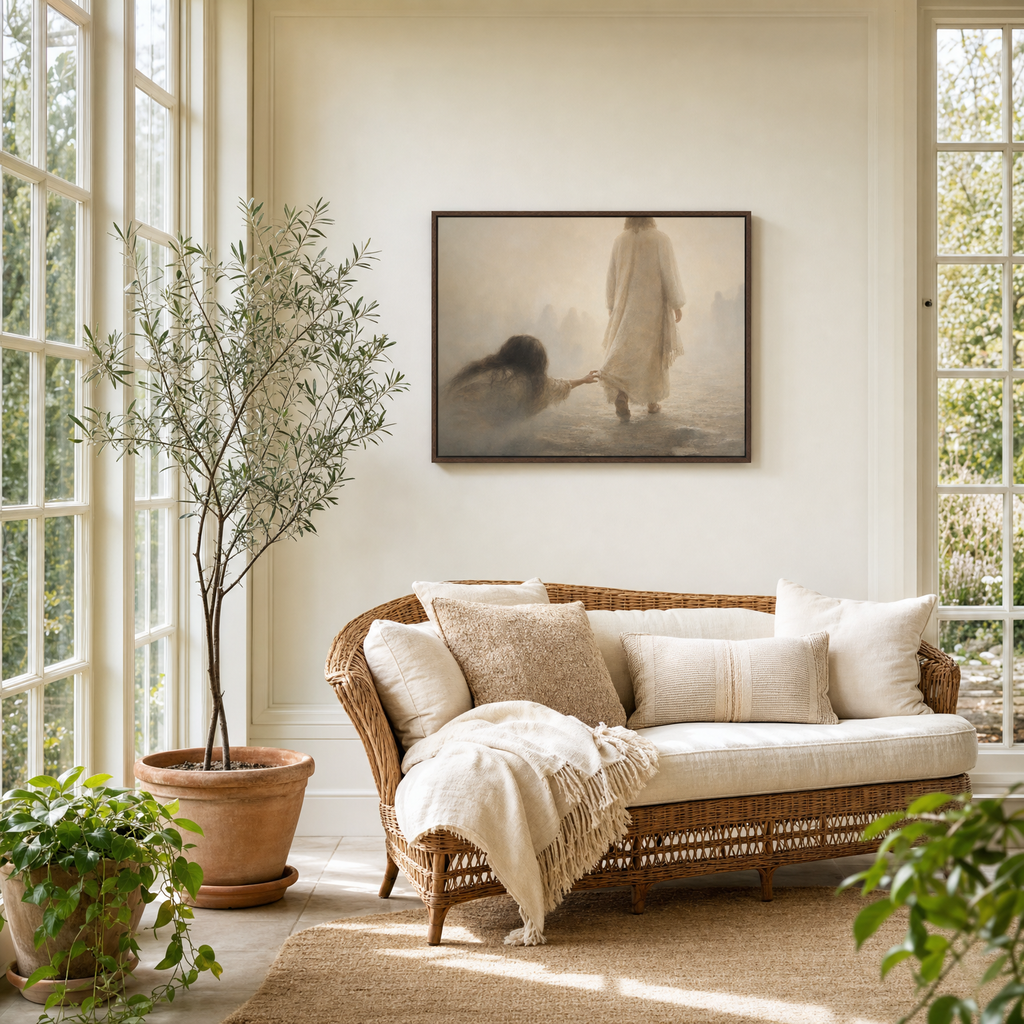 Hem of His Garment — lifestyle sunroom with wicker settee, brown wood frame