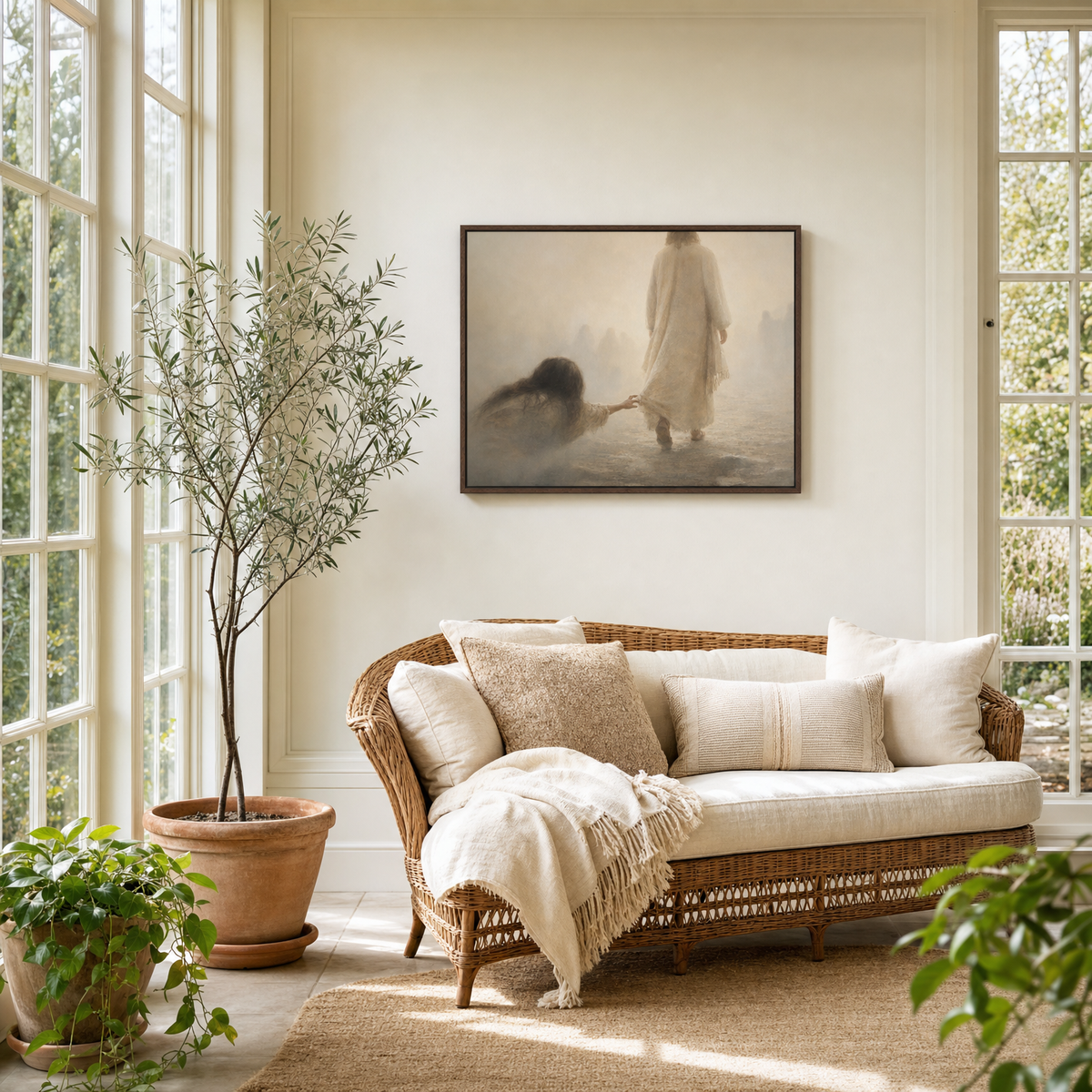 Hem of His Garment — lifestyle sunroom with wicker settee, brown wood frame