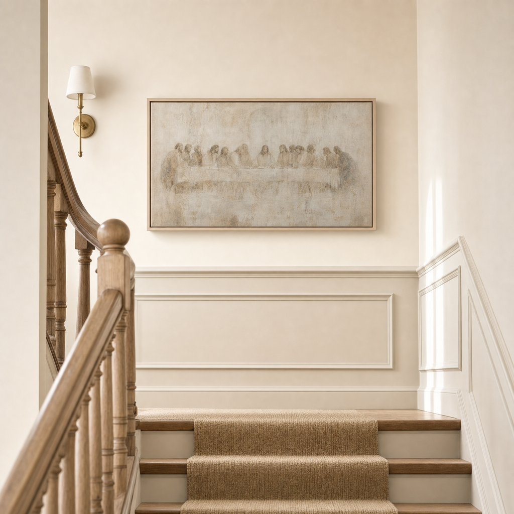 The Last Supper — Soft Fresco — lifestyle stair landing turn, light wood frame
