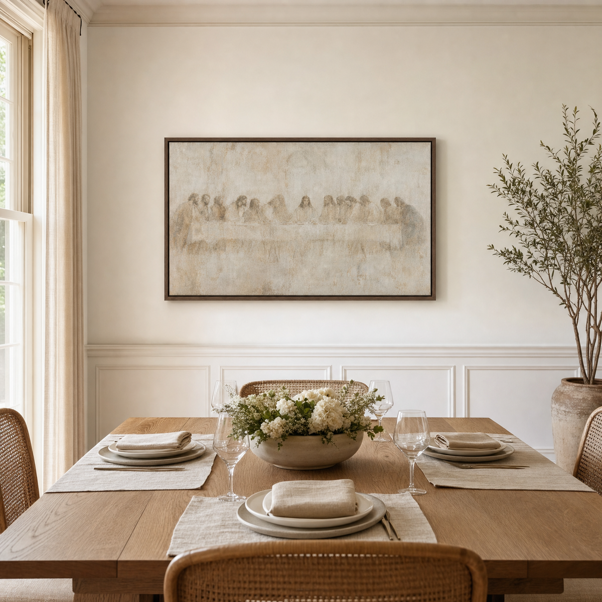 The Last Supper — Soft Fresco — lifestyle formal dining table end-wall, brown wood frame