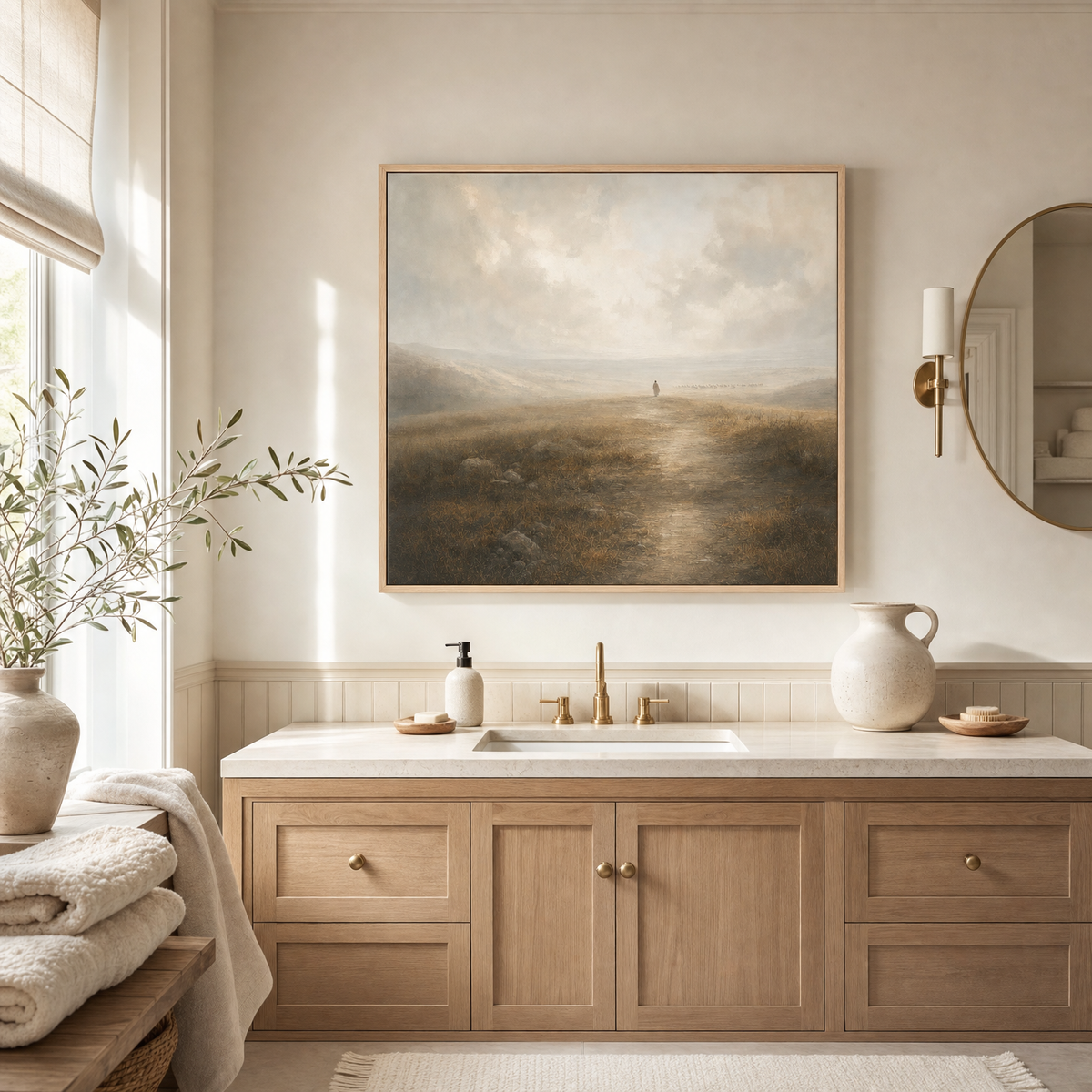Leaves the 99 — lifestyle bathroom vanity wall, light wood frame
