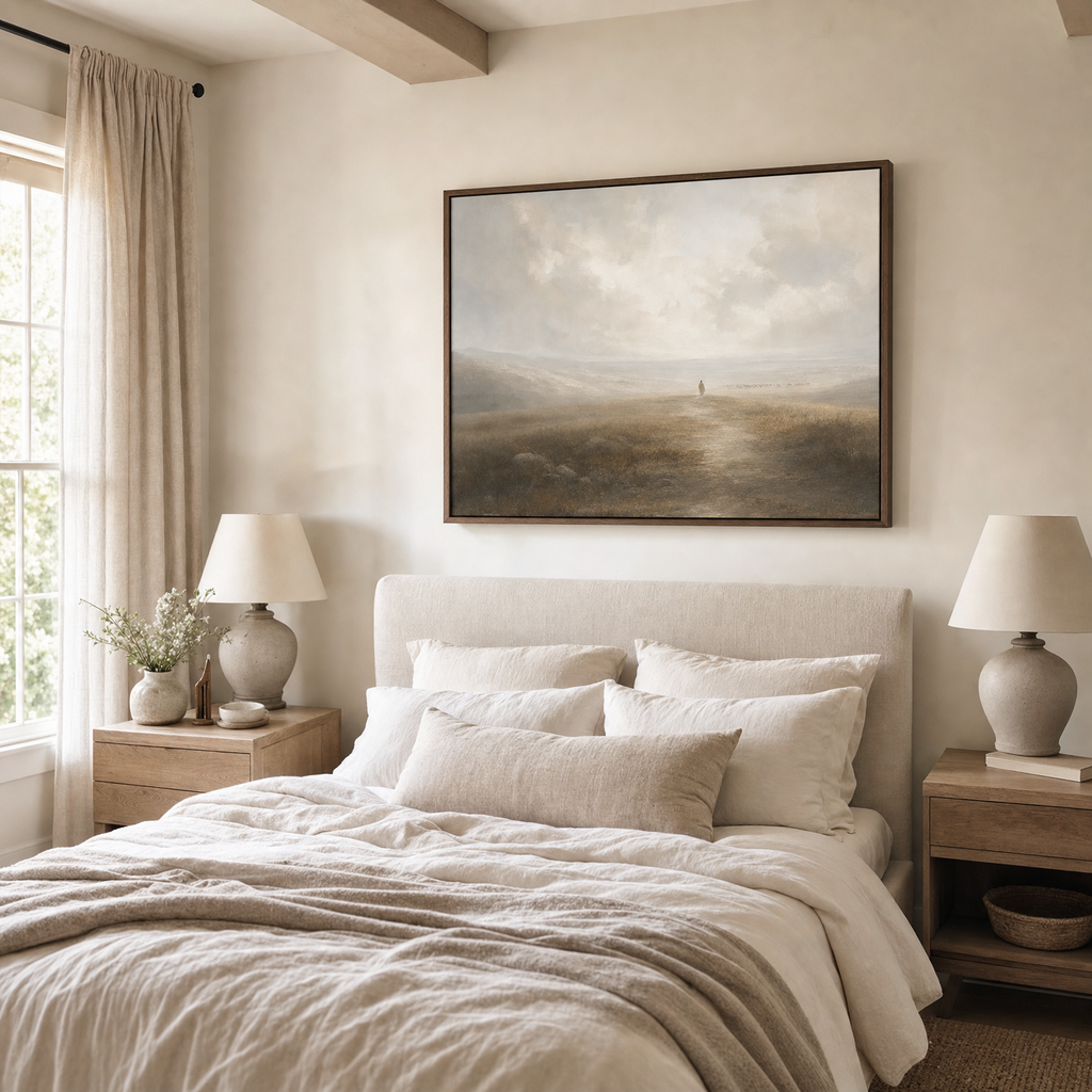 Leaves the 99 — lifestyle guest bedroom above headboard, brown wood frame
