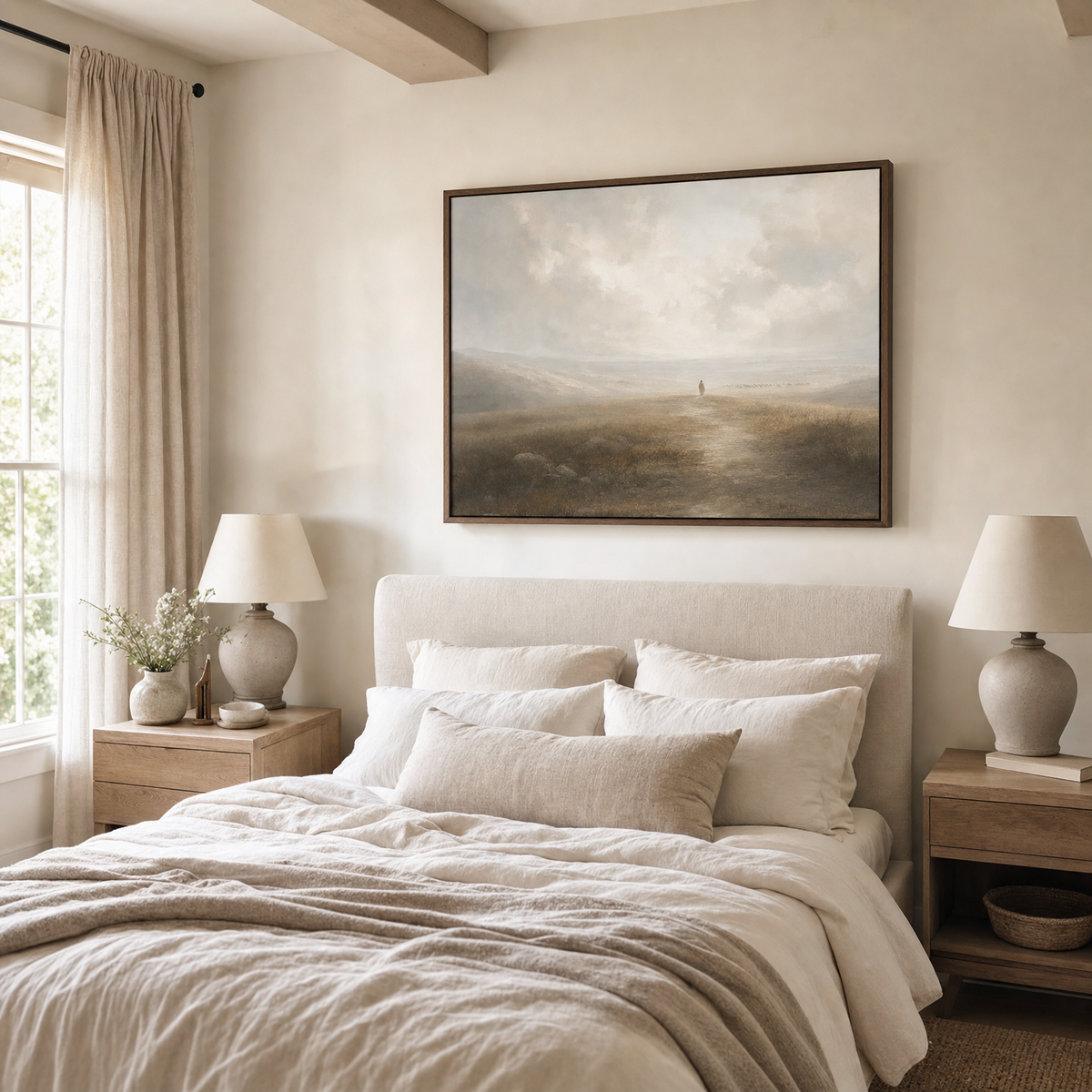 Leaves the 99 — lifestyle guest bedroom above headboard, brown wood frame