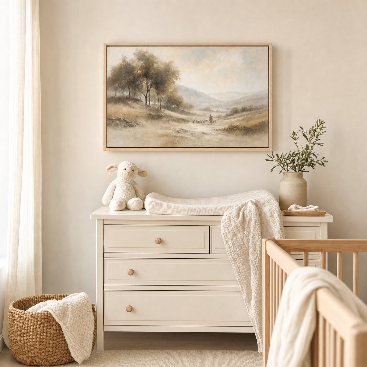 The Lord Is My Shepherd — lifestyle nursery changing-table corner, light wood frame