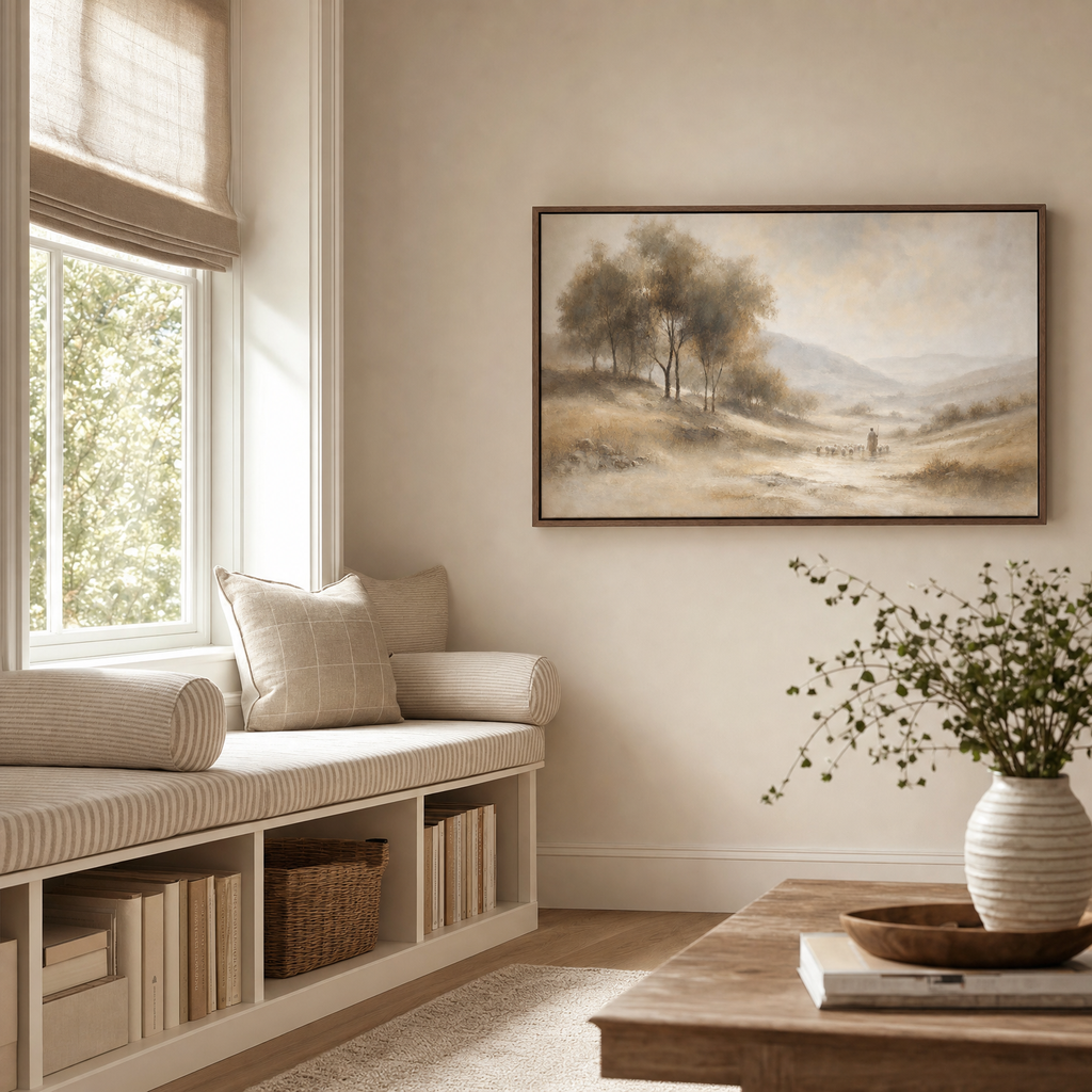 The Lord Is My Shepherd — lifestyle built-in window seat cubby, brown wood frame