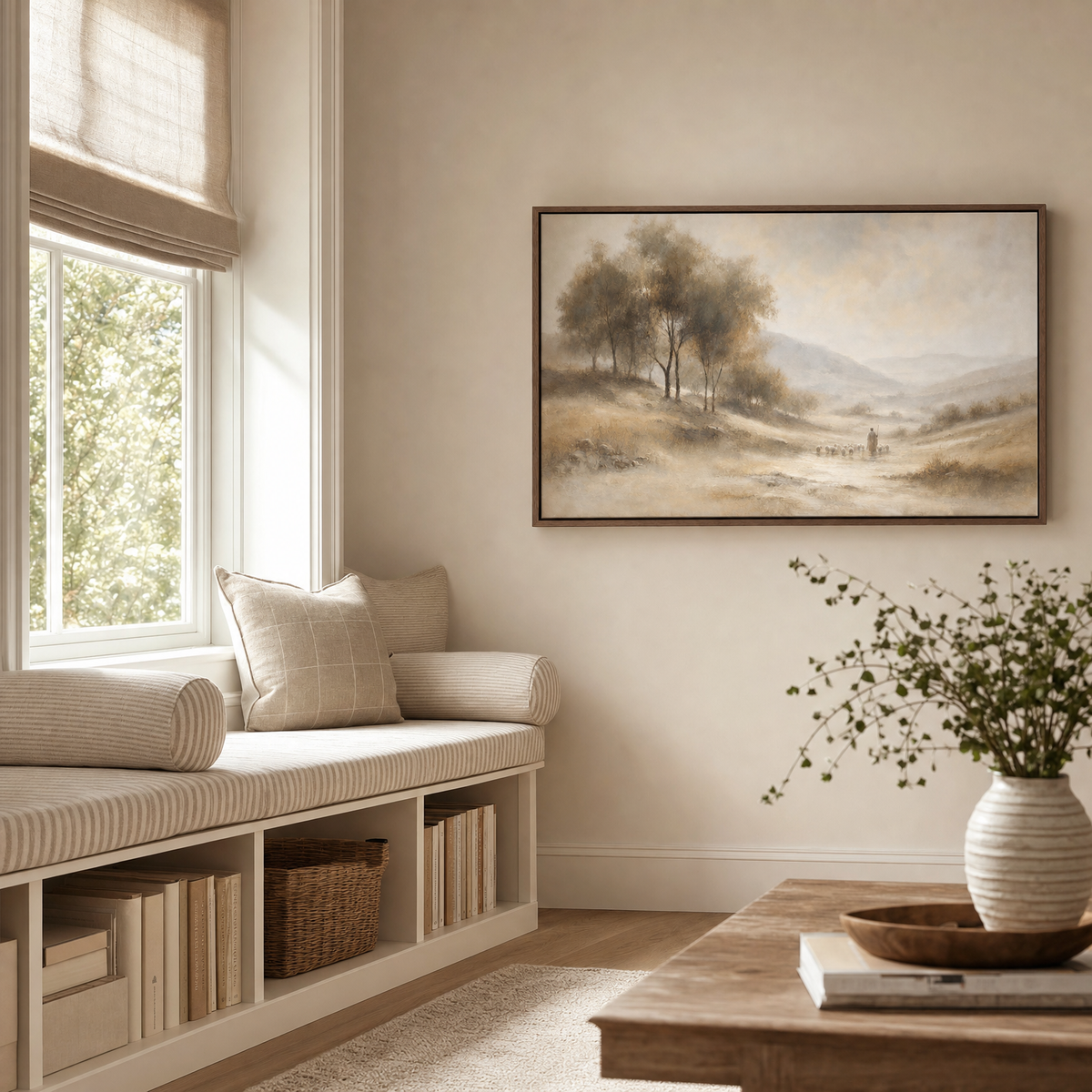 The Lord Is My Shepherd — lifestyle built-in window seat cubby, brown wood frame