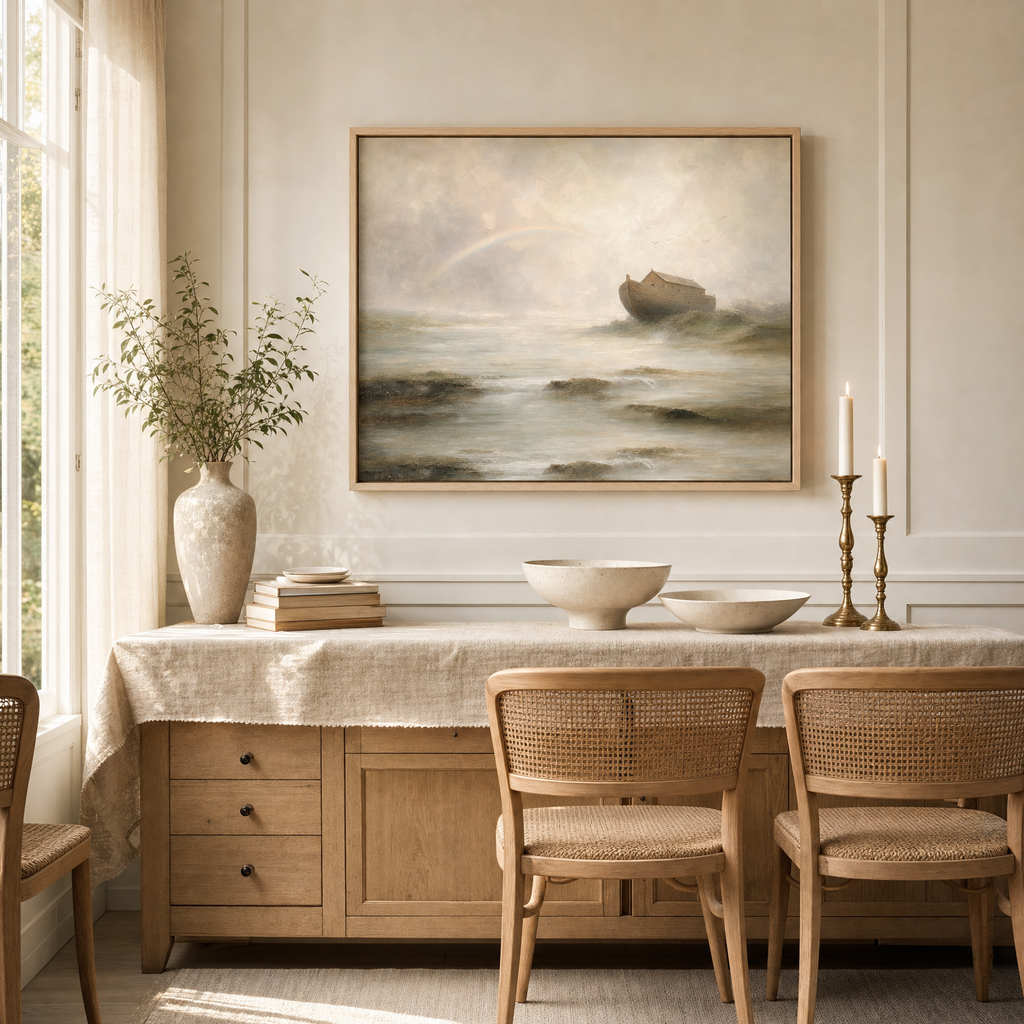 Noah's Ark — lifestyle dining wall above sideboard, light wood frame