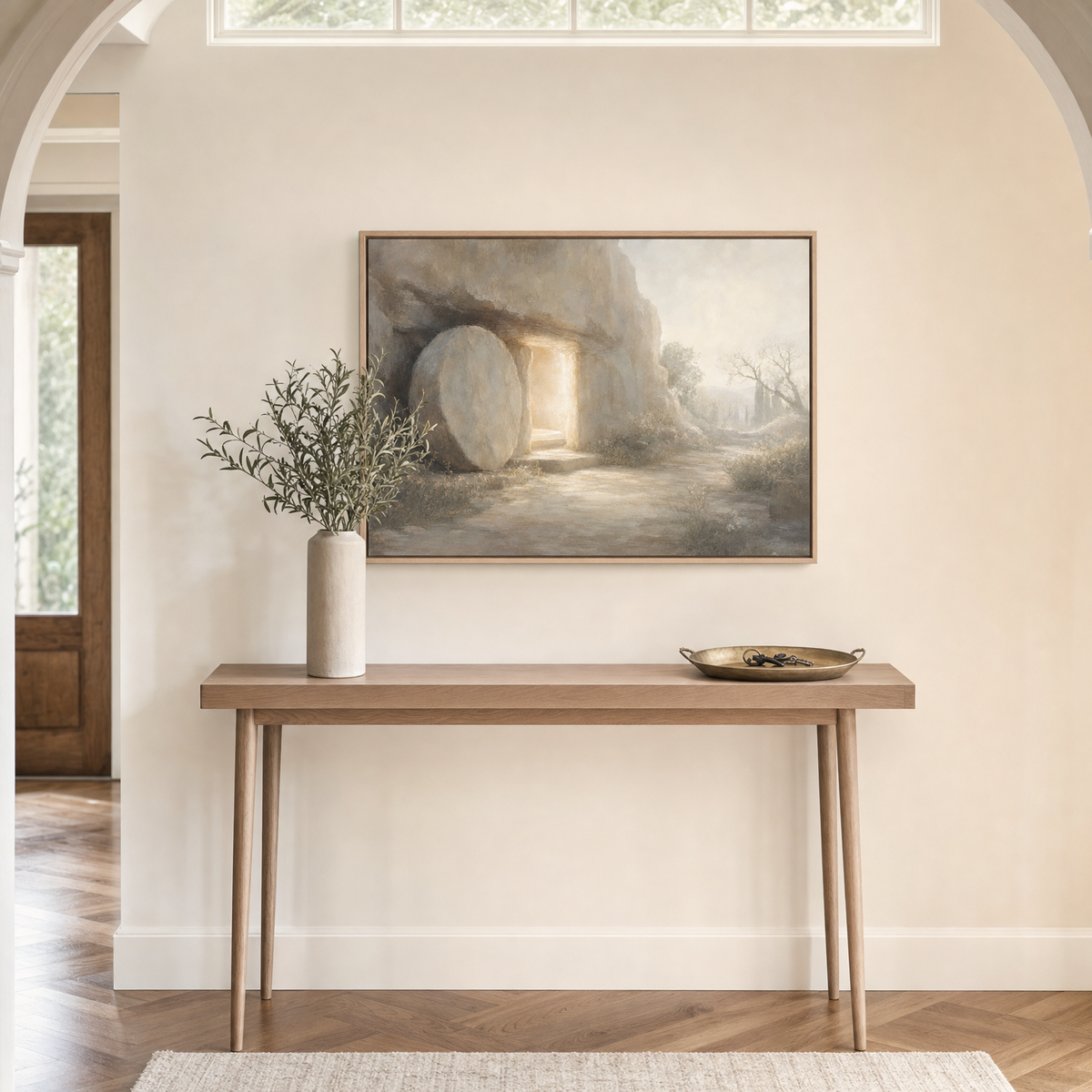 Risen — lifestyle arched entry foyer console, light wood frame