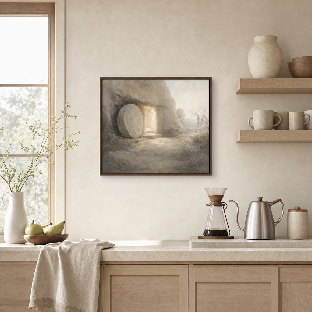Risen — lifestyle kitchen coffee-bar wall, brown wood frame