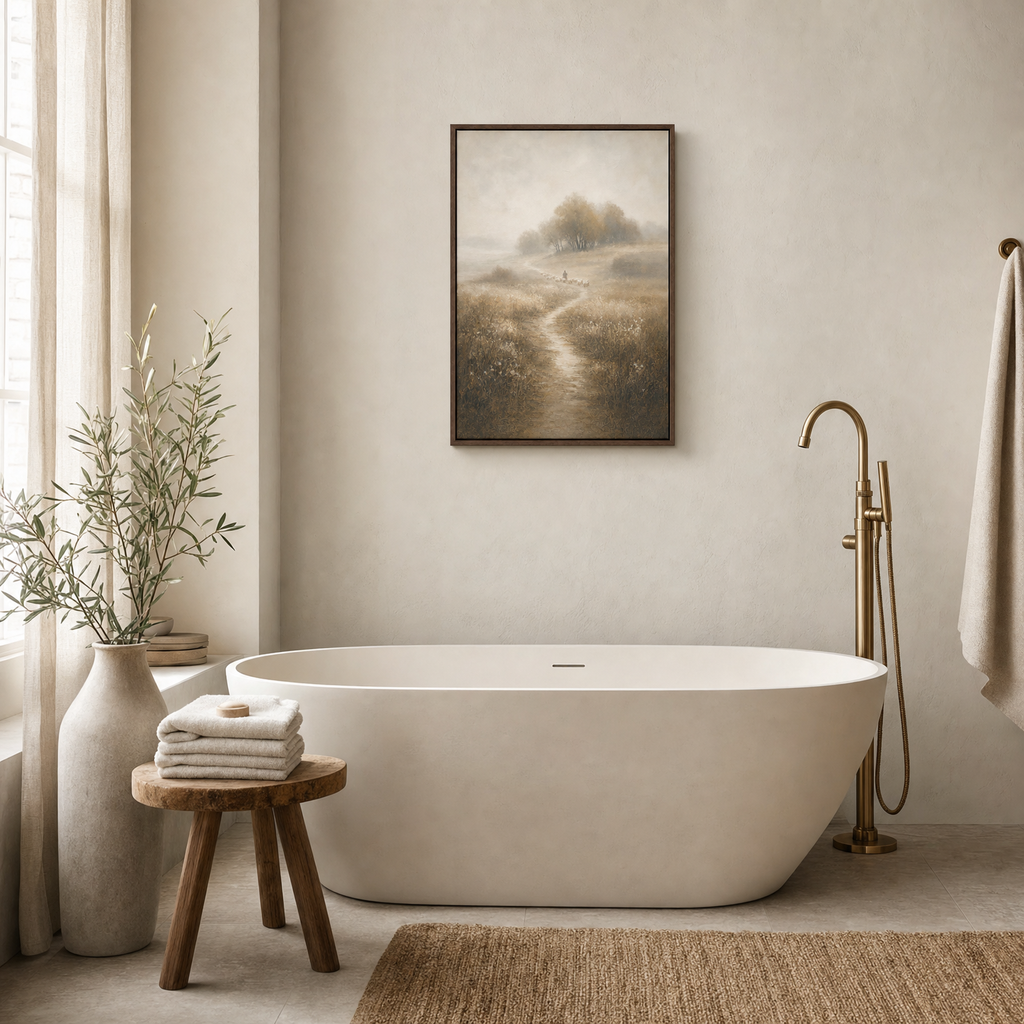 Shepherd's Path — lifestyle spa bath freestanding tub wall, brown wood frame