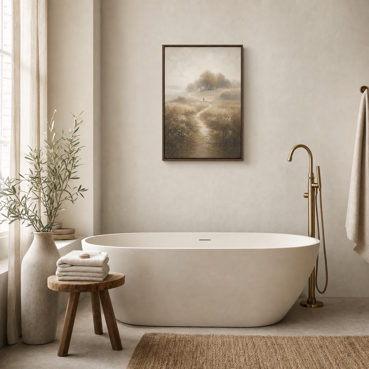 Shepherd's Path — lifestyle spa bath freestanding tub wall, brown wood frame