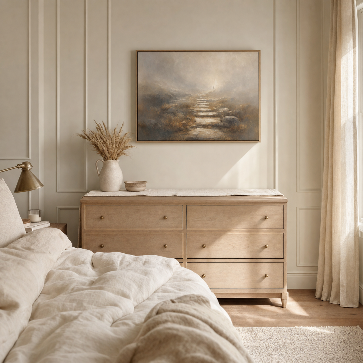 Walk By Faith — lifestyle bedroom above dresser, light wood frame