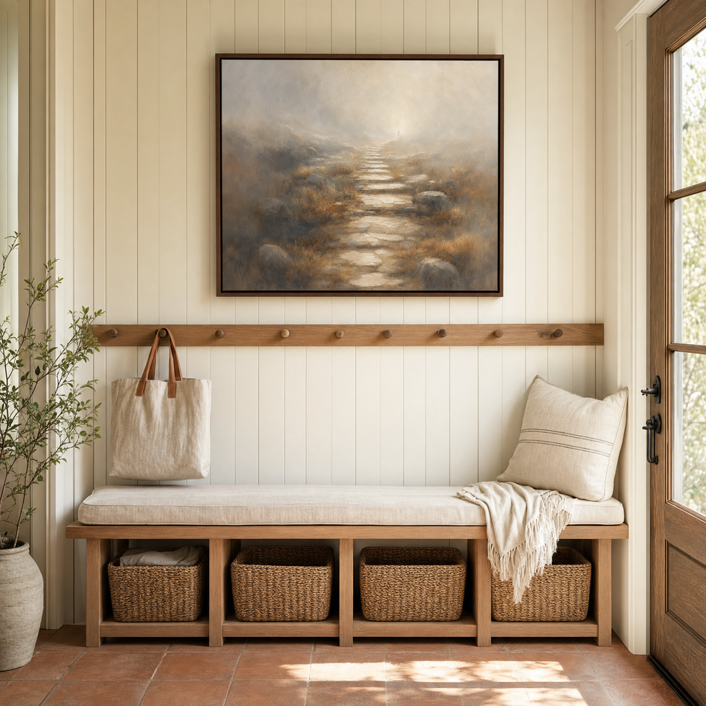 Walk By Faith — lifestyle mudroom peg-and-bench wall, brown wood frame