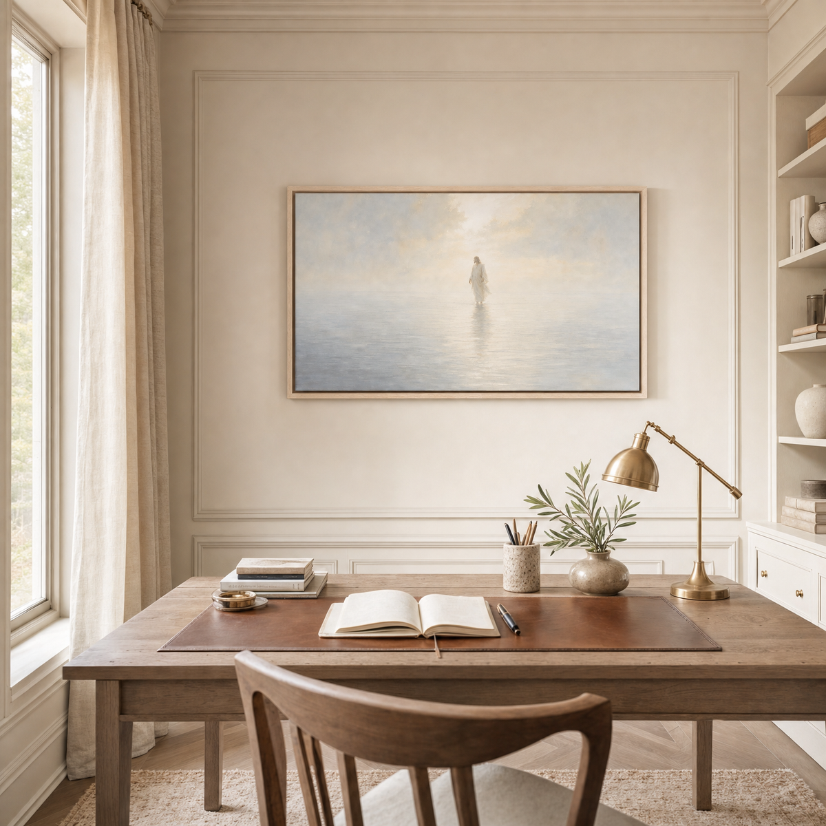Walks On Water — lifestyle office desk wall, light wood frame