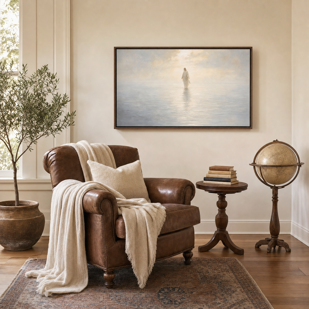 Walks On Water — lifestyle study with leather club chair, brown wood frame