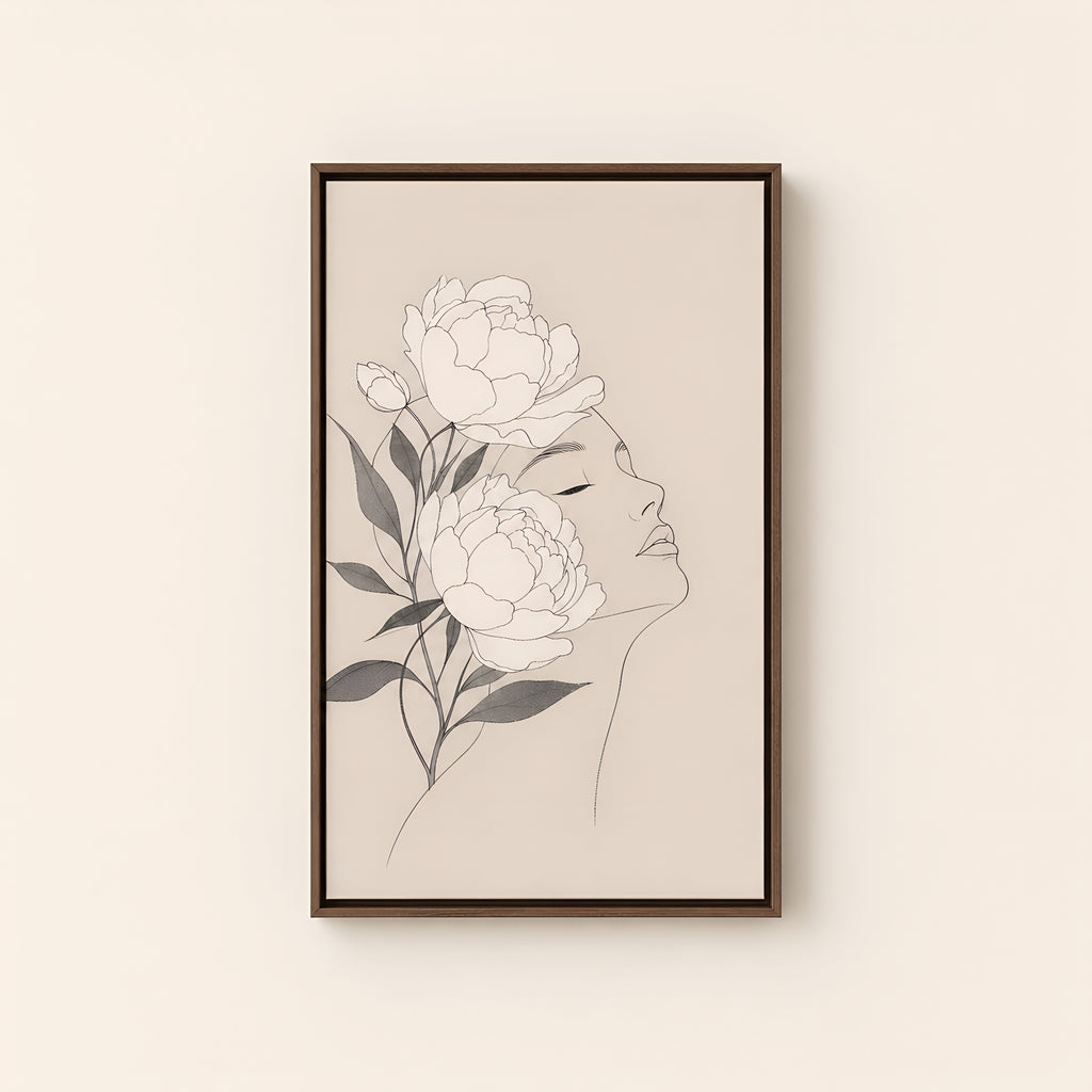White Peonies — Brown Wood floater frame catalog