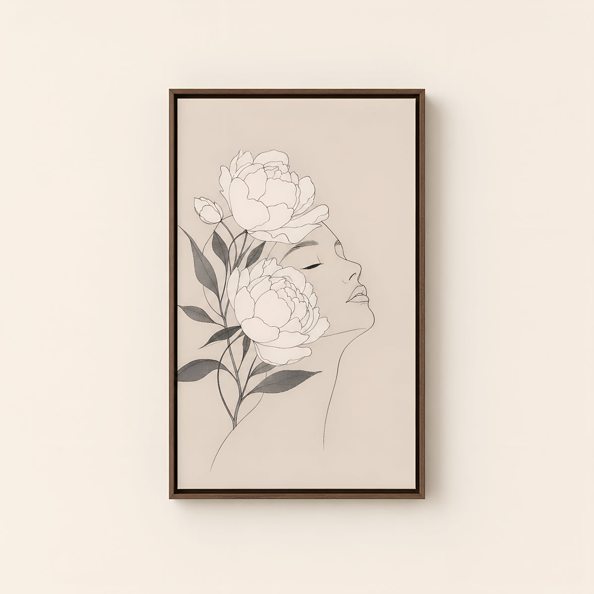White Peonies — Brown Wood floater frame catalog