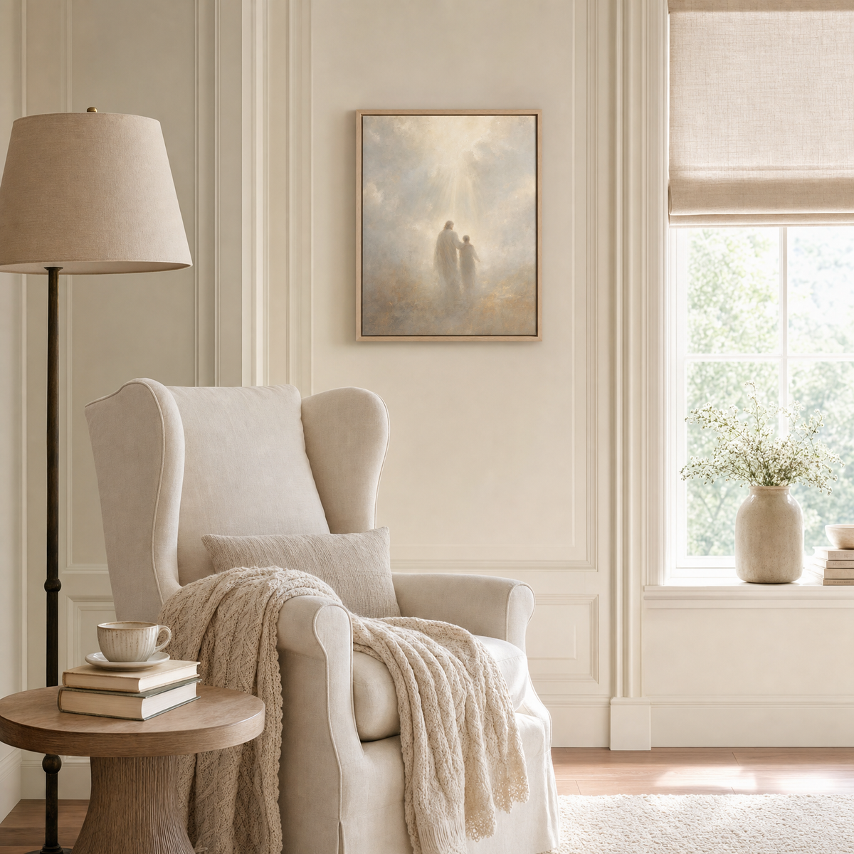 With the Father — lifestyle reading nook with wingback, light wood frame