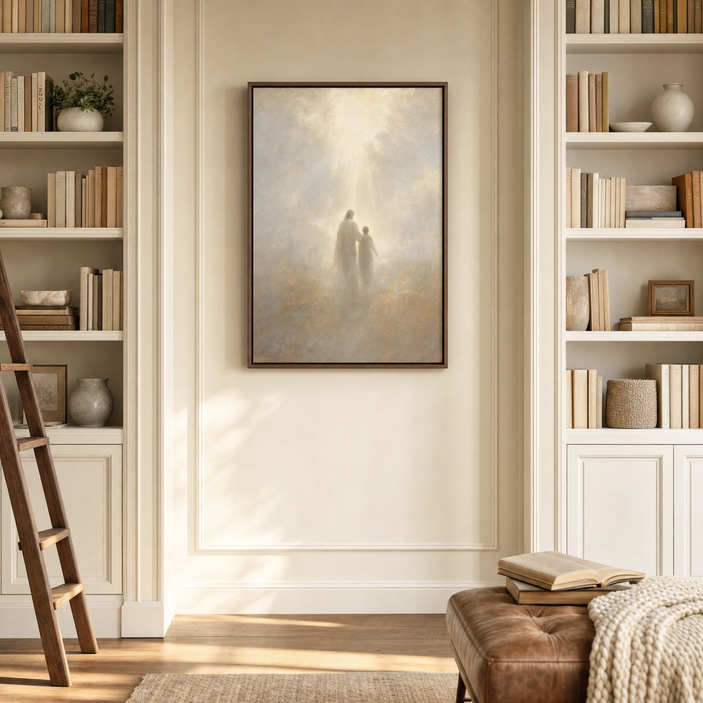 With the Father — lifestyle library alcove with built-in bookcases, brown wood frame
